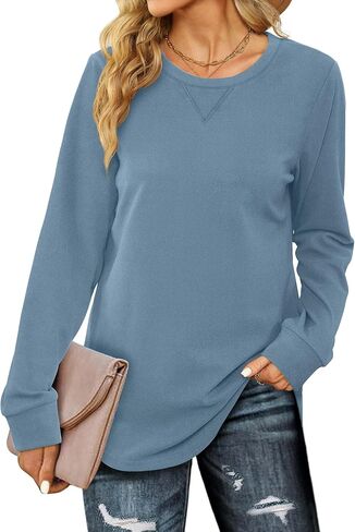 Saloogoe Sweatshirts for Women Crewneck Long Sleeve Curved Hem Tops Lightweight Sweaters Fashion 2023 in Kuwait