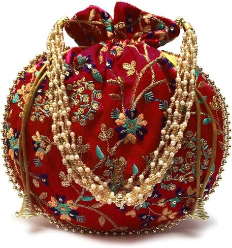 Indian Handmade Flower Embroidered Multi Color Silk Potli Bag Clutch Purse Pouch Drawstring Bag For Women's Wedding Gift in Saudi Arabia