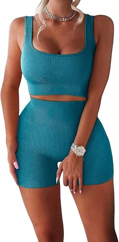 Workout Sets for Women 2 Piece Seamless Ribbed Crop Tank High Waist Shorts Yoga Outfits in Saudi Arabia