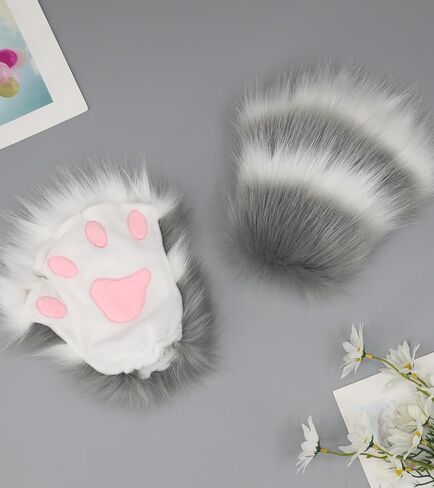 Focupaja Cat Paws Gloves Fingerless Furry Animal Cosplay Accessories Halloween Faux Fur Winter Gloves for Women Girls in Saudi Arabia