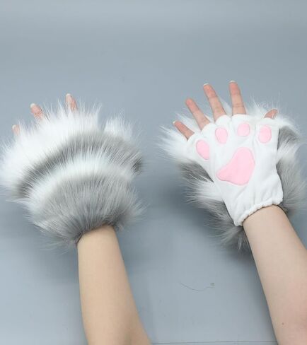 Focupaja Cat Paws Gloves Fingerless Furry Animal Cosplay Accessories Halloween Faux Fur Winter Gloves for Women Girls in Saudi Arabia