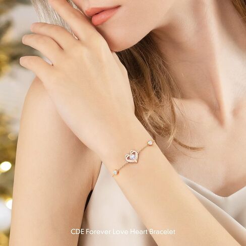 CDE Love Heart Bracelets for Women Girls 925 Sterling Silver with Birthstone Zirconia, Valentine's Mother's Day Birthday Anniversary Charm Link Chain Bracelet Jewelry Gifts for Mom Wife Girlfriend Her in Kuwait