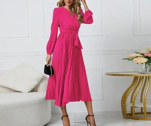 Sicilica Women's Dresses V Neck Wrap for Wedding Guest Casual Long Dress Pleated Long Sleeve Midi Dress Ruffle Smocked Dress in Saudi Arabia