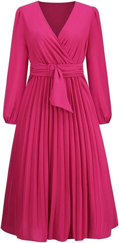 Sicilica Women's Dresses V Neck Wrap for Wedding Guest Casual Long Dress Pleated Long Sleeve Midi Dress Ruffle Smocked Dress in Saudi Arabia