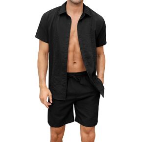 LecGee Linen Sets For Men Button Down Cuban Guayabera Shirt Shorts Set 2 Piece Linen Outfits