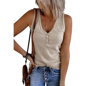 Saodimallsu Womens V Neck Tank Tops Summer Ribbed Sleeveless Henley Shirts Casual Loose Button Up Cami Knit Tees