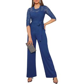 جمبسوت نسائي أنيق من الدانتيل من IUALXYBB بخصر عالٍ وأكمام متوسطة وأرجل واسعة وحفلات مسائية من قطعة واحدة مع حزام in Kuwait