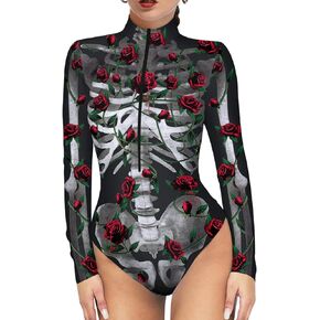 Roevite Women's Skeleton Jumpsuit Zip Up Halloween Bodysuit Sexy Halloween One Piece Outfit