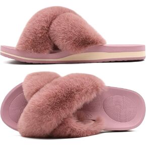 COFACE Womens Fuzzy Slides Fluff Faux Fur Cross Slippers Open Toe Yoga Mat House Slipper Sandals With Arch Support For Indoor/Outdoor in Kuwait