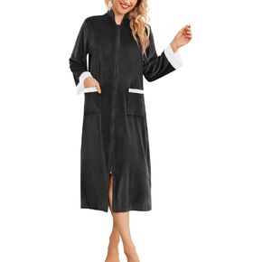 Ekouaer Women Zip Up Robe Fleece House Coats Full Length House Dress Long Sleeve Bathrobe with Pockets S-3XL