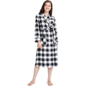 SIORO Womens Flannel Robes, Soft Cotton Plaid Bathrobe Shawl Collar Loungewear