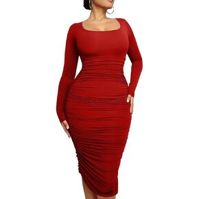 LAGSHIAN Women's Plus Size Sexy Bodycon Long Sleeve Scoop Neck Ruched Basic Midi Party Dress in Saudi Arabia