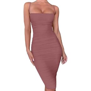 BEAGIMEG Women's Sexy Bodycon Sleeveless Spaghetti Strap Ruched Club Party Cocktail Midi Dress