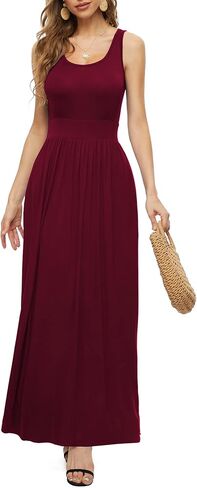فساتين LILBETTER النسائية الطويلة بدون أكمام بخصر إمبراطوري وفساتين طويلة كاجوال مع جيوب in Kuwait