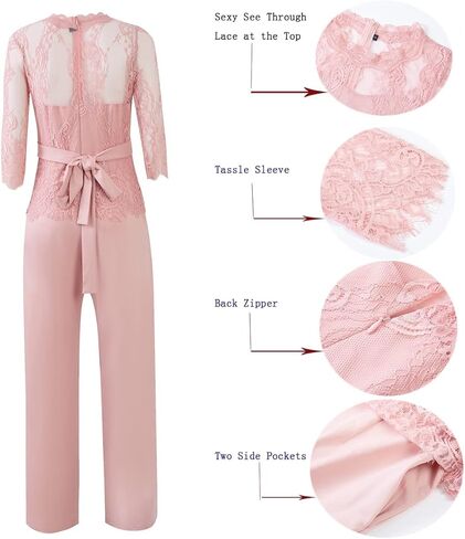 جمبسوت نسائي أنيق من الدانتيل من IUALXYBB بخصر عالٍ وأكمام متوسطة وأرجل واسعة وحفلات مسائية من قطعة واحدة مع حزام in Kuwait