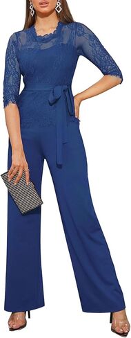 جمبسوت نسائي أنيق من الدانتيل من IUALXYBB بخصر عالٍ وأكمام متوسطة وأرجل واسعة وحفلات مسائية من قطعة واحدة مع حزام in Kuwait