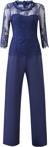 جمبسوت نسائي أنيق من الدانتيل من IUALXYBB بخصر عالٍ وأكمام متوسطة وأرجل واسعة وحفلات مسائية من قطعة واحدة مع حزام in Kuwait