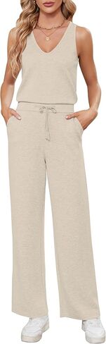 سارين ماثيوز جمبسوت برقبة على شكل حرف V للنساء جمبسوت كاجوال من أساسيات الهواء بدون أكمام بأرجل واسعة وسراويل طويلة مع جيوب in Kuwait