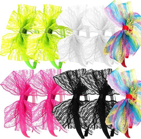 AlamnoFu 80's Lace Headband White Black 80s Theme Party Neon Lace Headband 1980 Theme Party Costume Halloween Hair Accessories in Kuwait