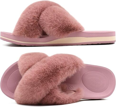 COFACE Womens Fuzzy Slides Fluff Faux Fur Cross Slippers Open Toe Yoga Mat House Slipper Sandals With Arch Support For Indoor/Outdoor in Kuwait