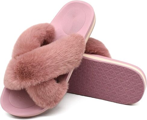 COFACE Womens Fuzzy Slides Fluff Faux Fur Cross Slippers Open Toe Yoga Mat House Slipper Sandals With Arch Support For Indoor/Outdoor in Kuwait