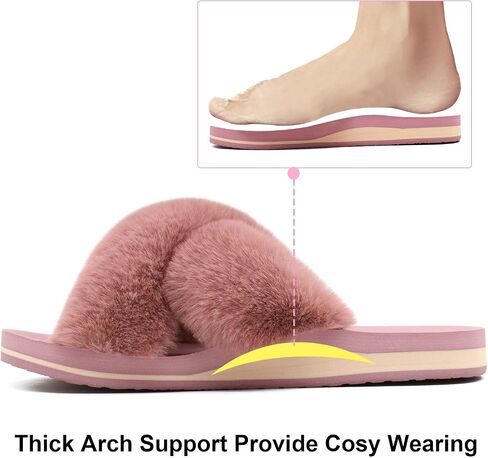 COFACE Womens Fuzzy Slides Fluff Faux Fur Cross Slippers Open Toe Yoga Mat House Slipper Sandals With Arch Support For Indoor/Outdoor in Kuwait