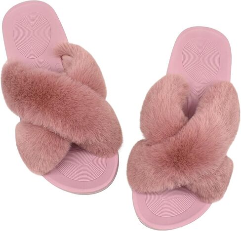 COFACE Womens Fuzzy Slides Fluff Faux Fur Cross Slippers Open Toe Yoga Mat House Slipper Sandals With Arch Support For Indoor/Outdoor in Kuwait