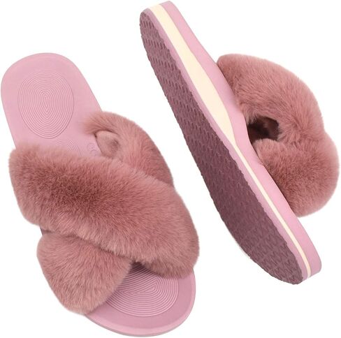 COFACE Womens Fuzzy Slides Fluff Faux Fur Cross Slippers Open Toe Yoga Mat House Slipper Sandals With Arch Support For Indoor/Outdoor in Kuwait