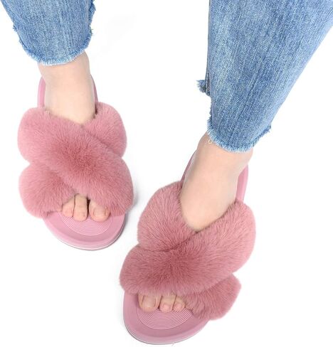 COFACE Womens Fuzzy Slides Fluff Faux Fur Cross Slippers Open Toe Yoga Mat House Slipper Sandals With Arch Support For Indoor/Outdoor in Kuwait