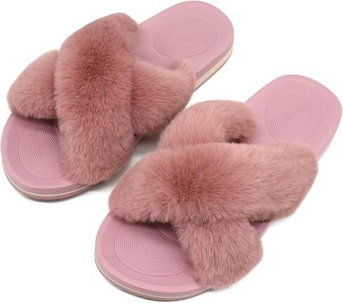 COFACE Womens Fuzzy Slides Fluff Faux Fur Cross Slippers Open Toe Yoga Mat House Slipper Sandals With Arch Support For Indoor/Outdoor in Kuwait