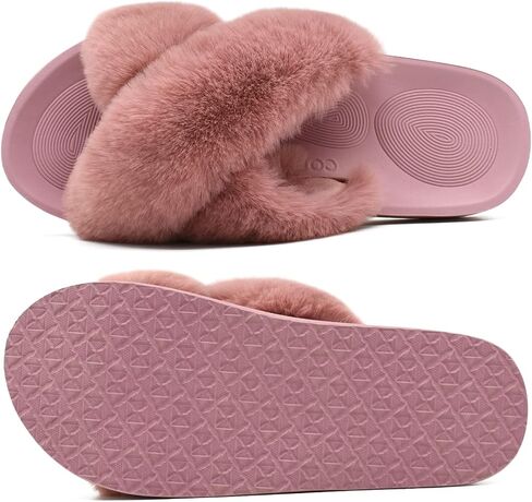 COFACE Womens Fuzzy Slides Fluff Faux Fur Cross Slippers Open Toe Yoga Mat House Slipper Sandals With Arch Support For Indoor/Outdoor in Kuwait
