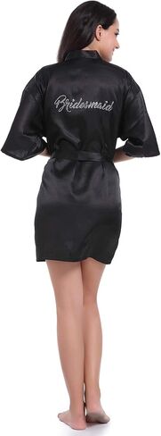 Goodsaleok Women's Satin Robe Short Kimono for Bride & Bridesmaid with Silver Rhinestones, Wedding Party Robes in Saudi Arabia