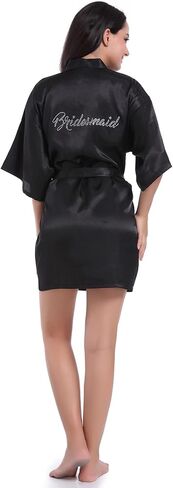 Goodsaleok Women's Satin Robe Short Kimono for Bride & Bridesmaid with Silver Rhinestones, Wedding Party Robes in Saudi Arabia