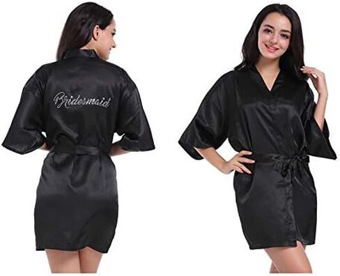 Goodsaleok Women's Satin Robe Short Kimono for Bride & Bridesmaid with Silver Rhinestones, Wedding Party Robes in Saudi Arabia