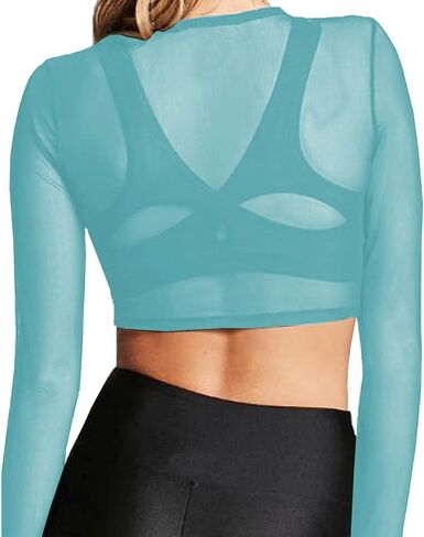BelleLovin Women's Sheer Mesh Long Sleeve Crop Top Sexy Tee Blouse in Kuwait