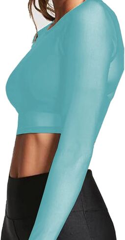 BelleLovin Women's Sheer Mesh Long Sleeve Crop Top Sexy Tee Blouse in Kuwait