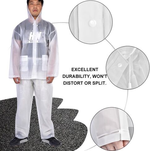 Wbestexercises 2pc Resuable Transparent EVA Rain Suits Unisex Emergency Rain Suit Clear Raincoat Waterproof Drawstring Hooded Rainwear Jacket Pants Set with Storage Bag for Hiking Drifting Camping Fishing (S, L)(L), White, Large in Saudi Arabia
