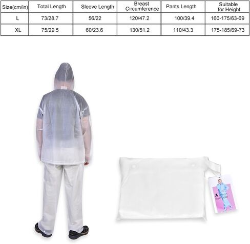 Wbestexercises 2pc Resuable Transparent EVA Rain Suits Unisex Emergency Rain Suit Clear Raincoat Waterproof Drawstring Hooded Rainwear Jacket Pants Set with Storage Bag for Hiking Drifting Camping Fishing (S, L)(L), White, Large in Saudi Arabia