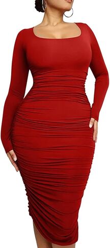 LAGSHIAN Women's Plus Size Sexy Bodycon Long Sleeve Scoop Neck Ruched Basic Midi Party Dress in Saudi Arabia