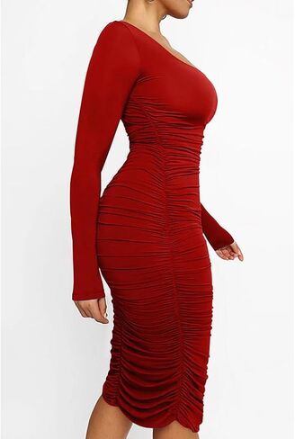 LAGSHIAN Women's Plus Size Sexy Bodycon Long Sleeve Scoop Neck Ruched Basic Midi Party Dress in Saudi Arabia