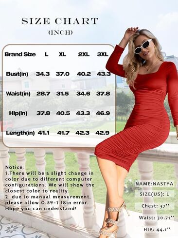LAGSHIAN Women's Plus Size Sexy Bodycon Long Sleeve Scoop Neck Ruched Basic Midi Party Dress in Saudi Arabia