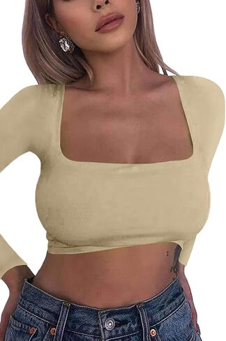 KAKALOT Women's Sexy Bodycon Basic Long Sleeve Solid Crop Top T- Shir in Saudi Arabia