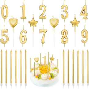 FULANDL 26Pcs Birthday Numeral Candles Set, 10Pcs Number 0-9 Glitter Cake Topper Decoration with 16Pcs Long, Star, Heart Birthday Candles (Gold)