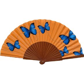Tusitala Barcelona - Blue Butterflies Hand Fan | Handcrafted Spanish Hand Fan | Cotton Fabric and Wood | Includes Protective Jute Cotton Bag | Authentic Gift | 23cm - 9". in Kuwait