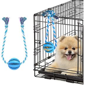 Interactive Dog Chew Toys Crate Training Aids for Puppies, Puzzle Treat Dispenser with Rope Dog Toy Ball Reduce Stress Anxiety Peanut Butter Dog Food Treat Dispenser Toys (Blue)