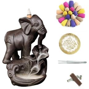 Backflow Incense Burner Ceramic Waterfall Smoke Lucky Elephant Incense Holder for Home Yoga Office with 120 Cones and 30 Sticks