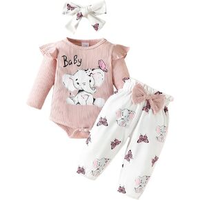 TUSFTAY Newborn Girl Fall Winter Outfits Ruffle Letters Print Romper Flower Pants with Headband 3PCS Toddler Baby Clothes