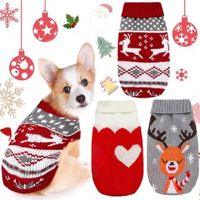 3 Patterns Christmas Dog Sweater Cat Puppy Christmas Sweater Pet Reindeer Heart Cat Sweaters Vintage Warm Christmas Dog Clothes for Small Dog and Cat(M, Fit 4.4 lbs - 6.6 lbs)