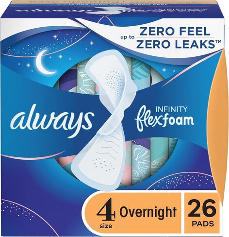 Always, Infinity With FlexFoam Pads For Women, Size 4, Overnight Absorbency With Wings, 26 Count in Saudi Arabia