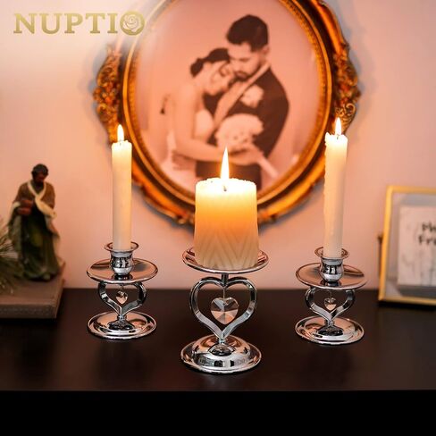 Nuptio Unity حامل شموع للشموع المستدقة عمود حامل شمعدان ذهبي حامل شموع عمود معدني مجموعة من 3 قطع مركزية للطاولة لحفلات الزفاف والذكرى السنوية على ضوء الشموع وديكور العشاء وقلادة على شكل قلب كريستالي in Kuwait